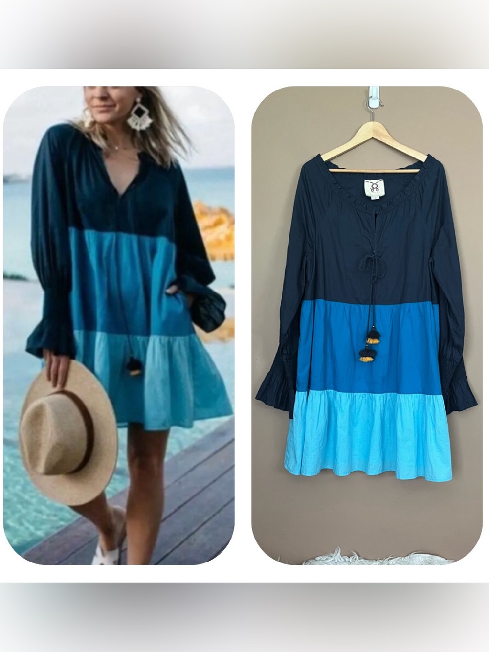 {Figue} Bella Tiered Mini Dress with Long Sleeves in Colorblock Blue - Large